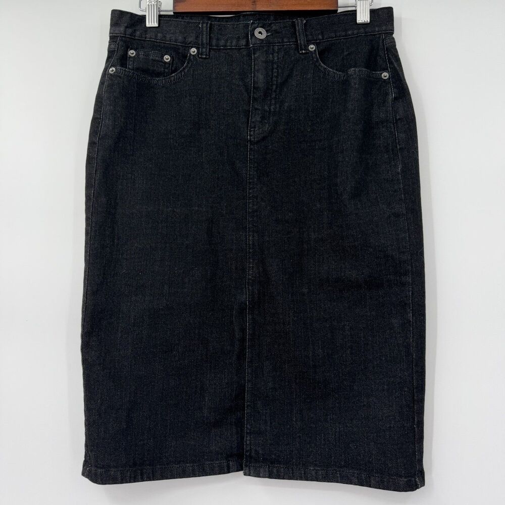 Lauren Ralph Lauren Denim Skirt Size 2 Black Pencil Midi Front Slit Stretch